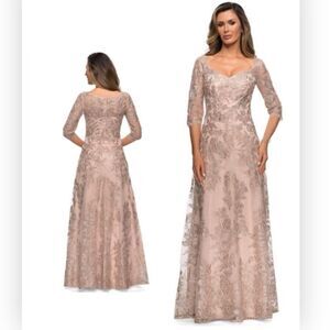 La Femme 28053 Lace V-Neck A-Line Formal Gown in Champagne Size 14 $578